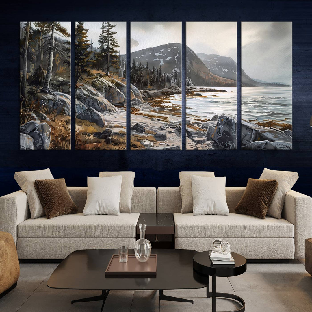 The stunning Serene Coastal View of Acadia National Park is a 3-panel wall art canvas print that beautifully captures a tranquil mountain and lake scene.