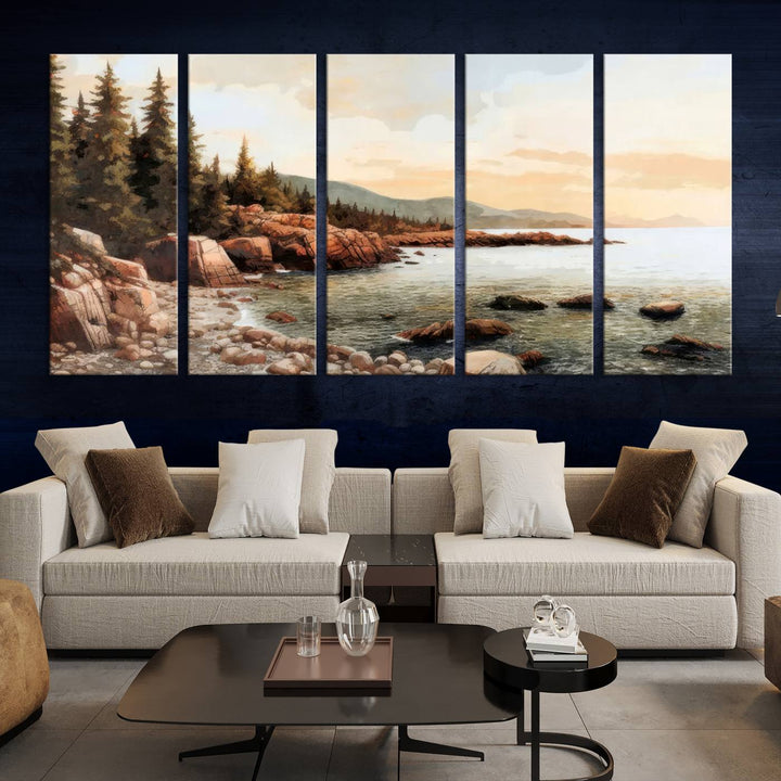 Serene Coastal View of Acadia National Park - Stunning 3-Panel Wall Art Canvas Print, Framed, Ready to Hang