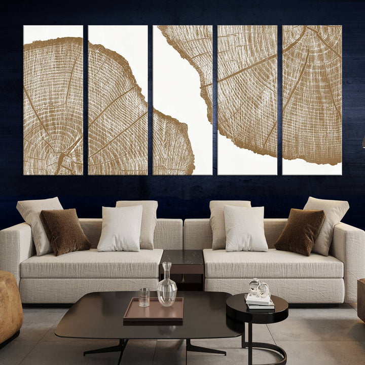 The "Rustic Brown Tree Ring Wall Art Canvas Print" in the living room adds an elegant, nature-inspired touch to the space.