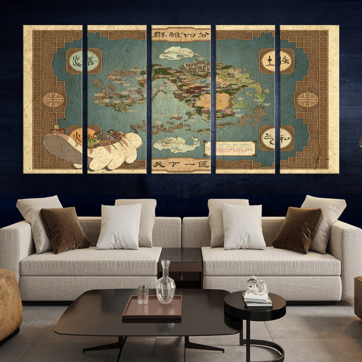 Hanging above is the Avatar: The Last Airbender Vintage Map - Wall Art Canvas Print, framed and ready to hang, showcasing an enchanting glimpse into the iconic four nations design.