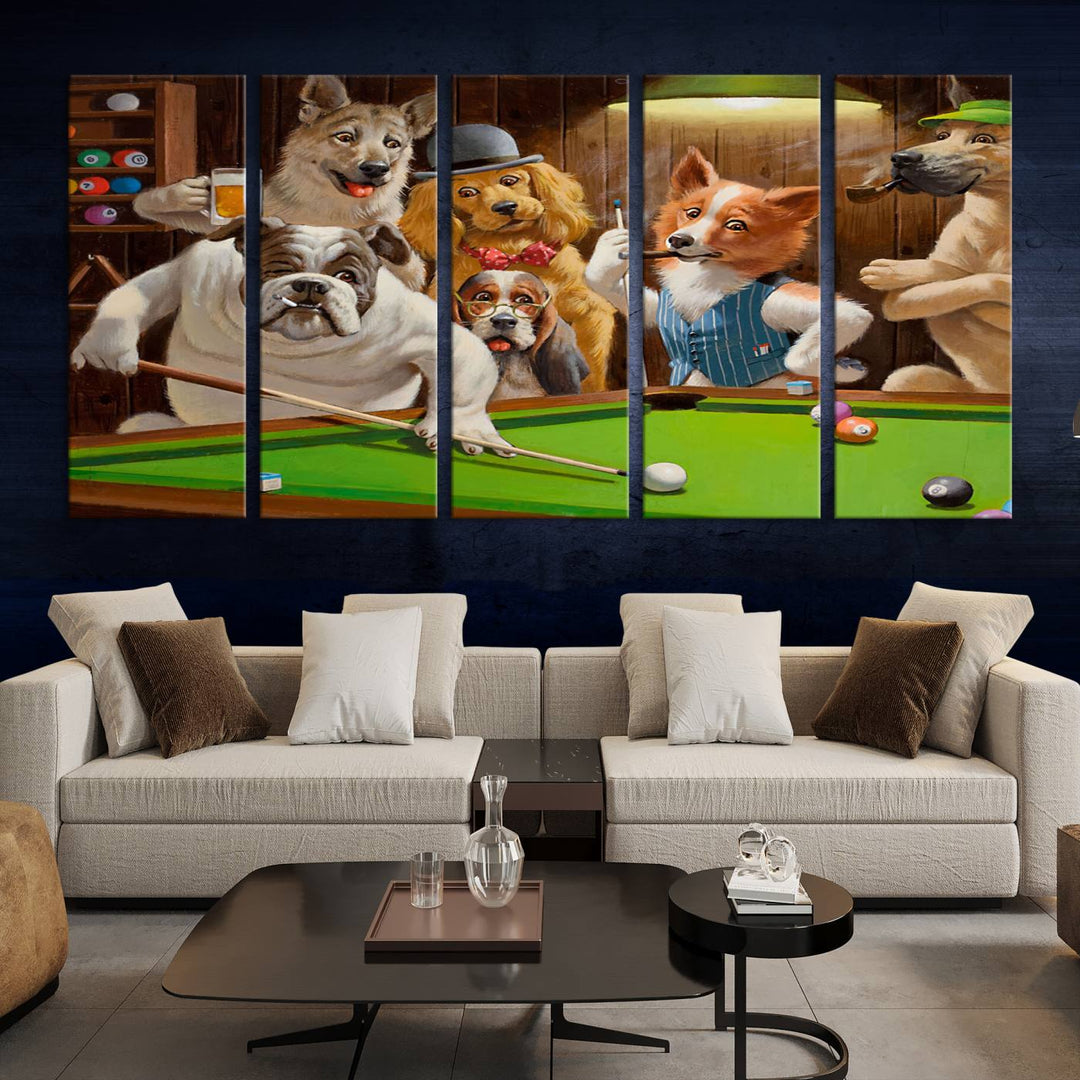 The "Dogs Playing Pool Canvas Wall Art" features a whimsical scene of dogs dressed as humans playing pool in a bar, presented as a three-panel display with a gallery-quality finish.