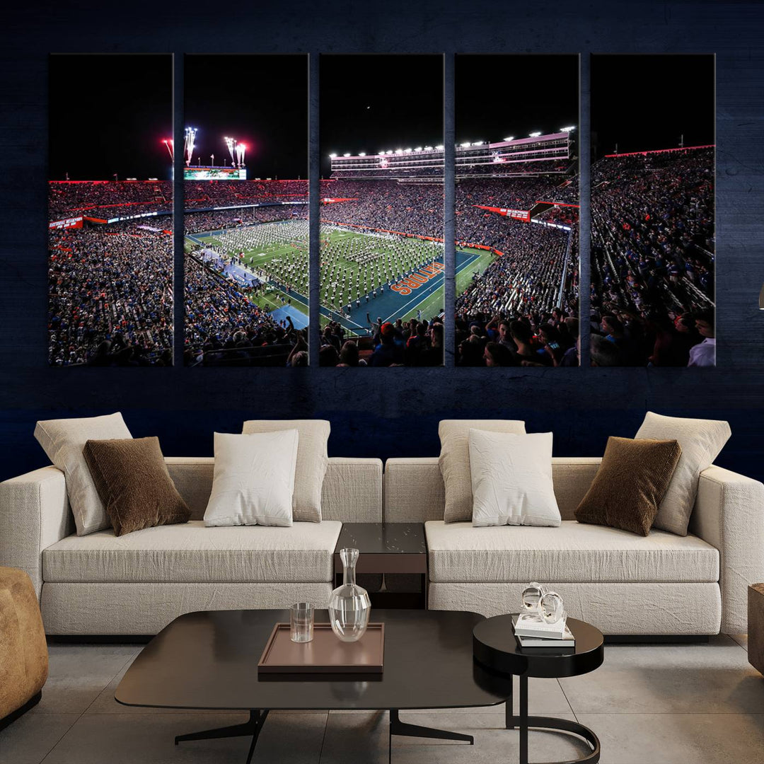 Ben Hill Griffin Stadium Night Game Triple Canvas Wall Art - Florida Gators Football Match