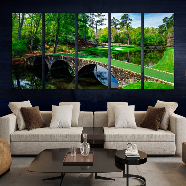 Augusta National Golf Club Wall Art - Panoramic Bridge & Lush Greenery – Premium Framed, Ready-to-Hang Triptych Canvas