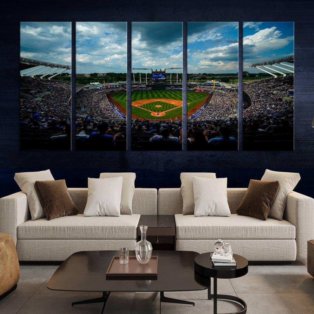 Kauffman Stadium Day Game Triple Canvas Wall Art - Kansas City Royals MLB Match