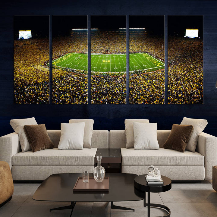 Michigan Wolverines Football Team Print - Michigan Stadium Night Game Triple Canvas Wall Art - University of Michigan Football Match