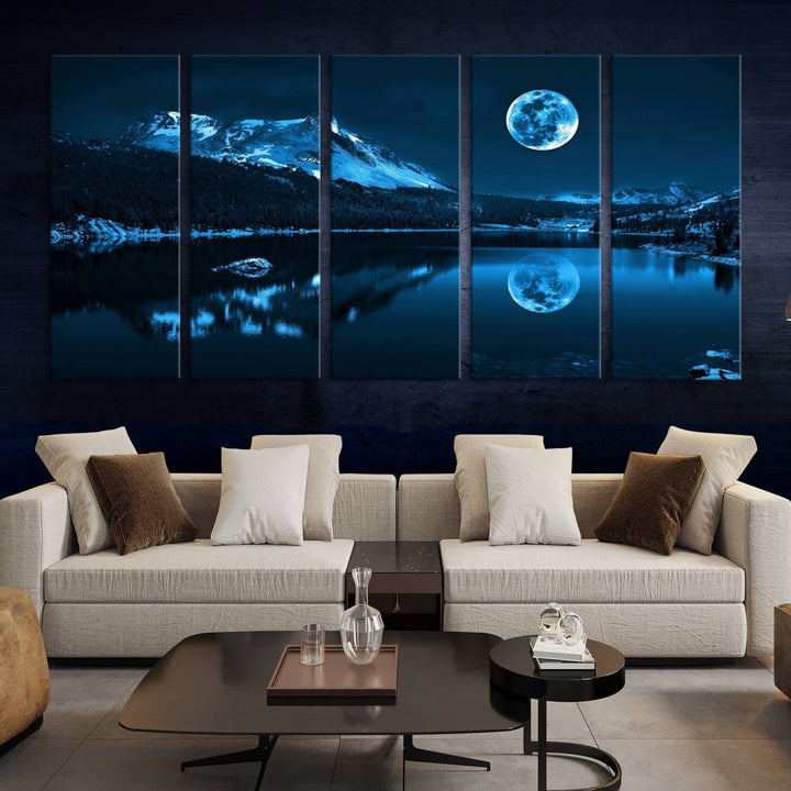 Blue Moon Mountain Lake Landscape Framed Wall Art Canvas Print