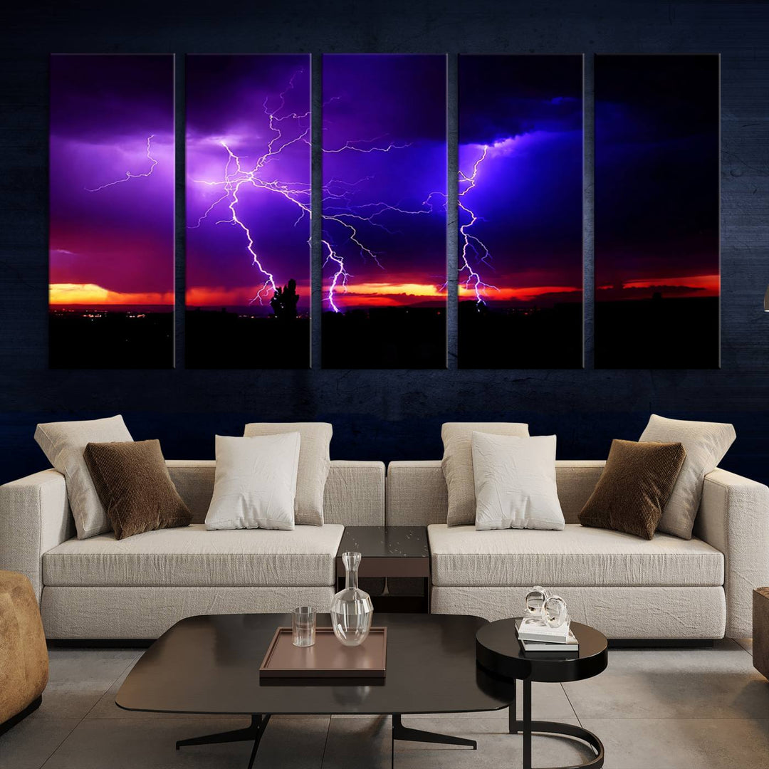 Electrifying Sunset Thunderstorm Canvas Print – Dramatic Lightning and Vibrant Sunset Wall Art