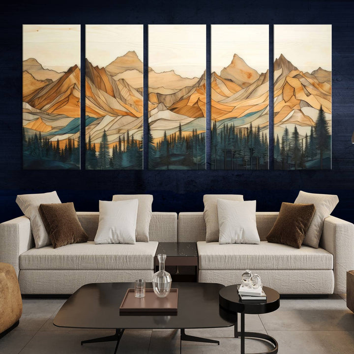 Rustic Wood Style Mountain Wall Art Print | Triptych Giclee Print Featuring Handcrafted Forest and Mountain Range Design | Framed Ready-to-Hang Print