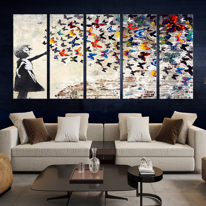 Banksy Style Girl with Butterflies Wall Art - Beautiful Framed Ready-to-Hang Triptych Canvas - Vibrant Butterfly Street Art for Modern Decor