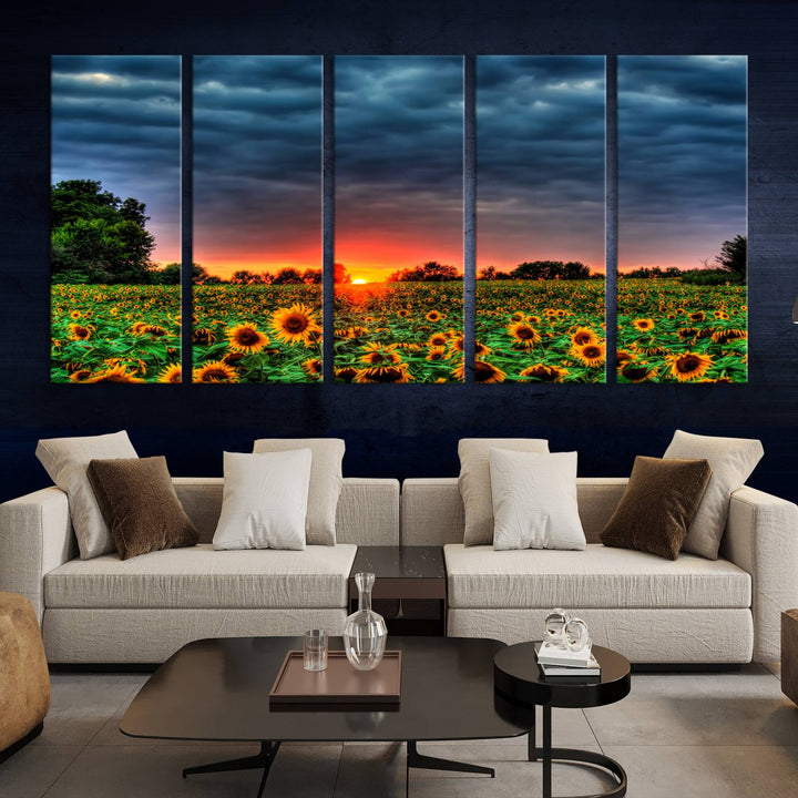 Golden Sunflower Field at Sunset – Breathtaking Sky and Vibrant Flowers, Ready to Hang Wall Art Canvas Print