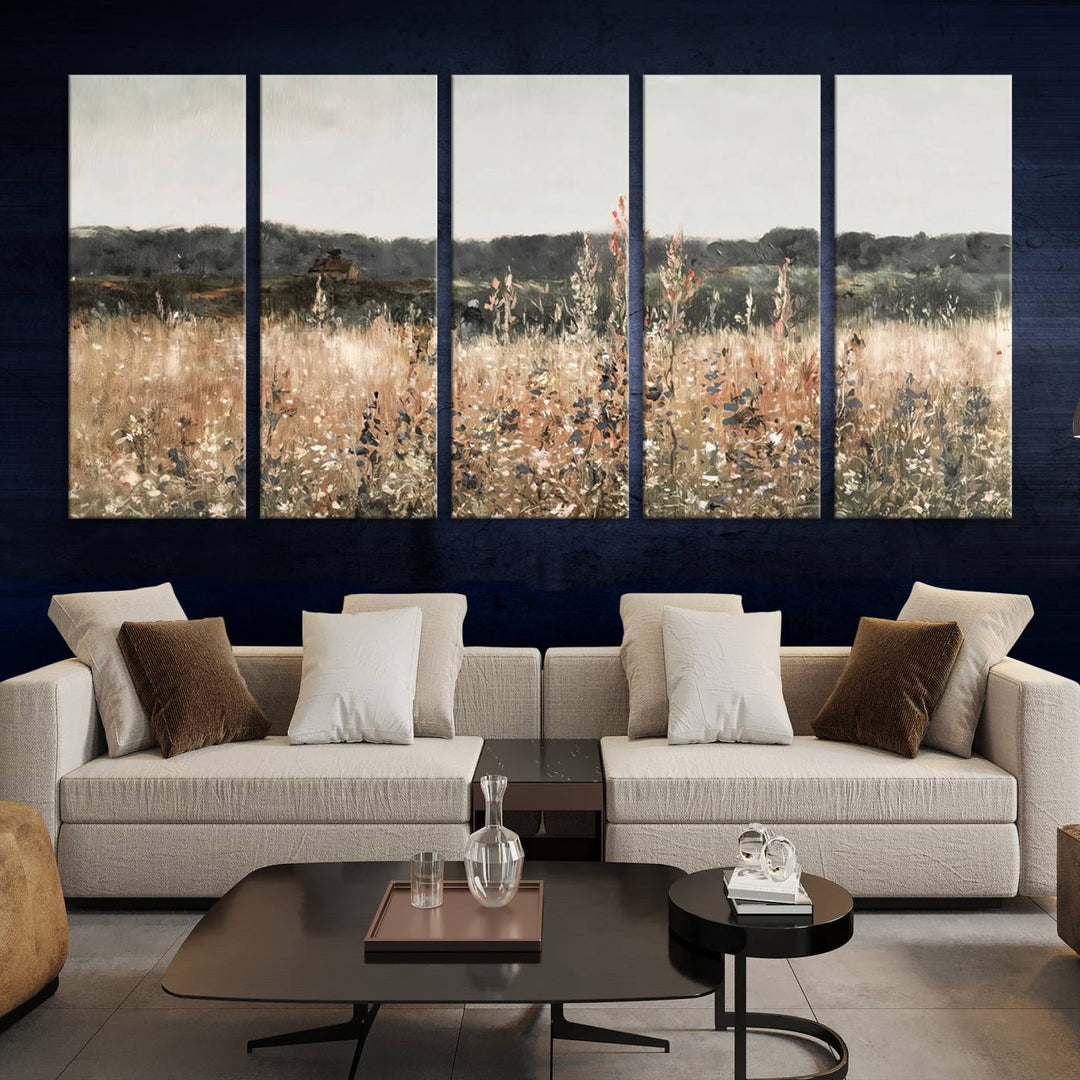 Rustic Field Landscape Triptych, Giclee Canvas Wall Art for Modern Homes, Warm Meadow and Wildflower Art Print, Large Nature Inspired Canvas Print