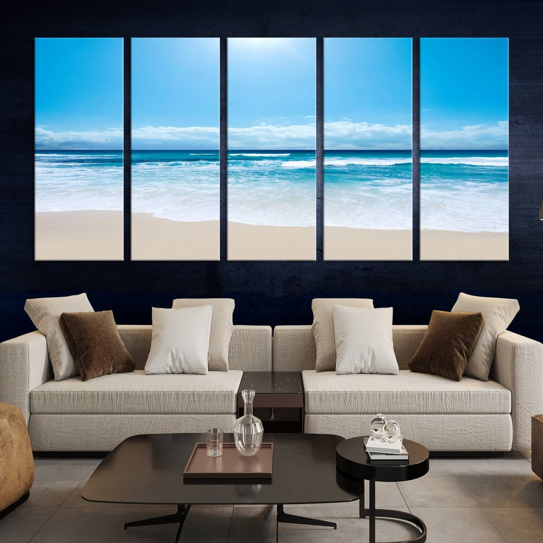 Lienzo decorativo para pared grande con estampado de mar y playa azul brillante