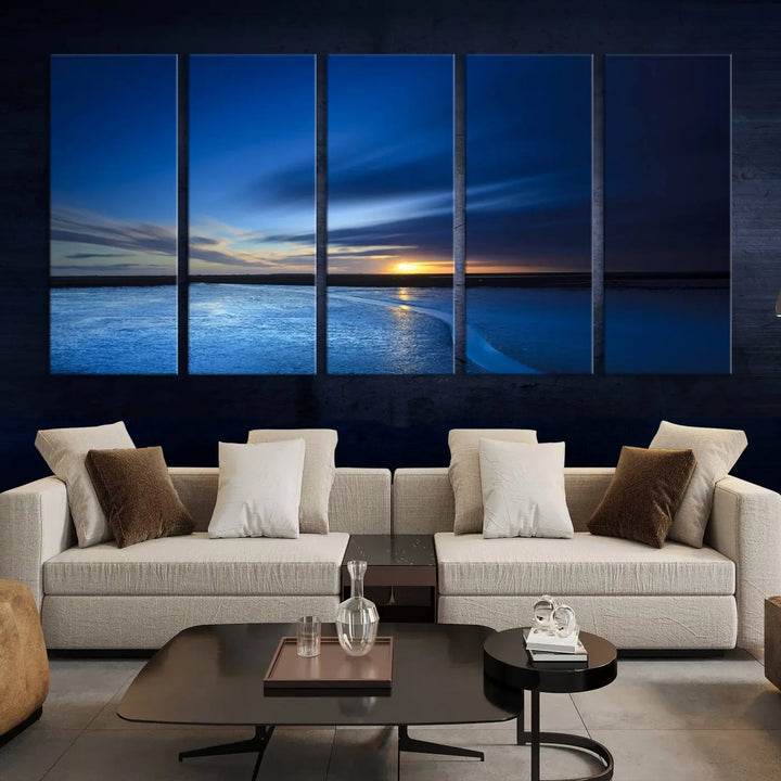 The living room features a triptych of the Wall Art Canvas Print Navy Sunset Lake Landscape Artwork, adding to its tranquil vibe.