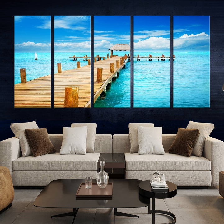 Tropical Pier Triptych Wall Art, Stunning Turquoise Ocean and Wooden Dock Canvas Print, Coastal Beach House Decor, Ocean View Canvas Art