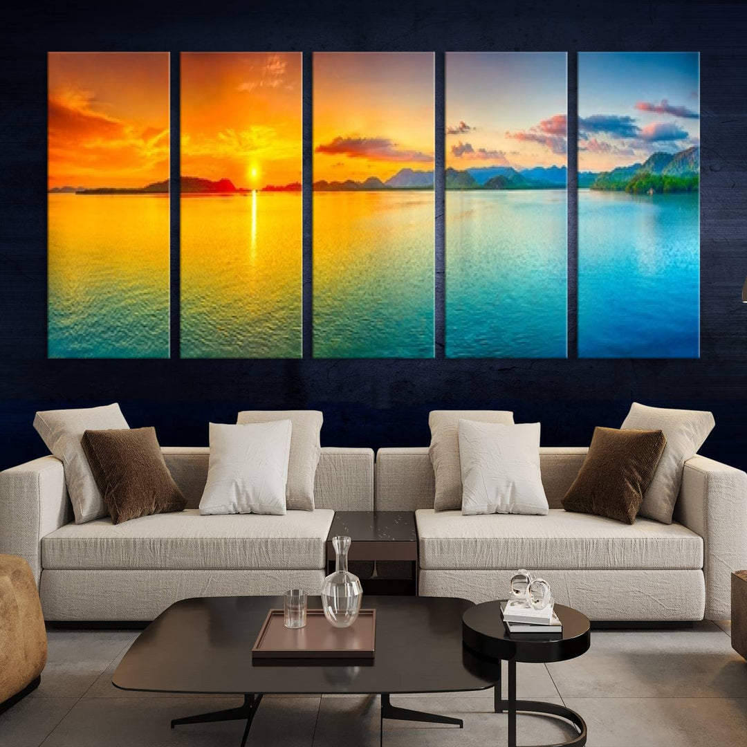 Impresión en lienzo de arte de pared grande, puesta de sol colorida, mar y montaña para decoración de sala de estar