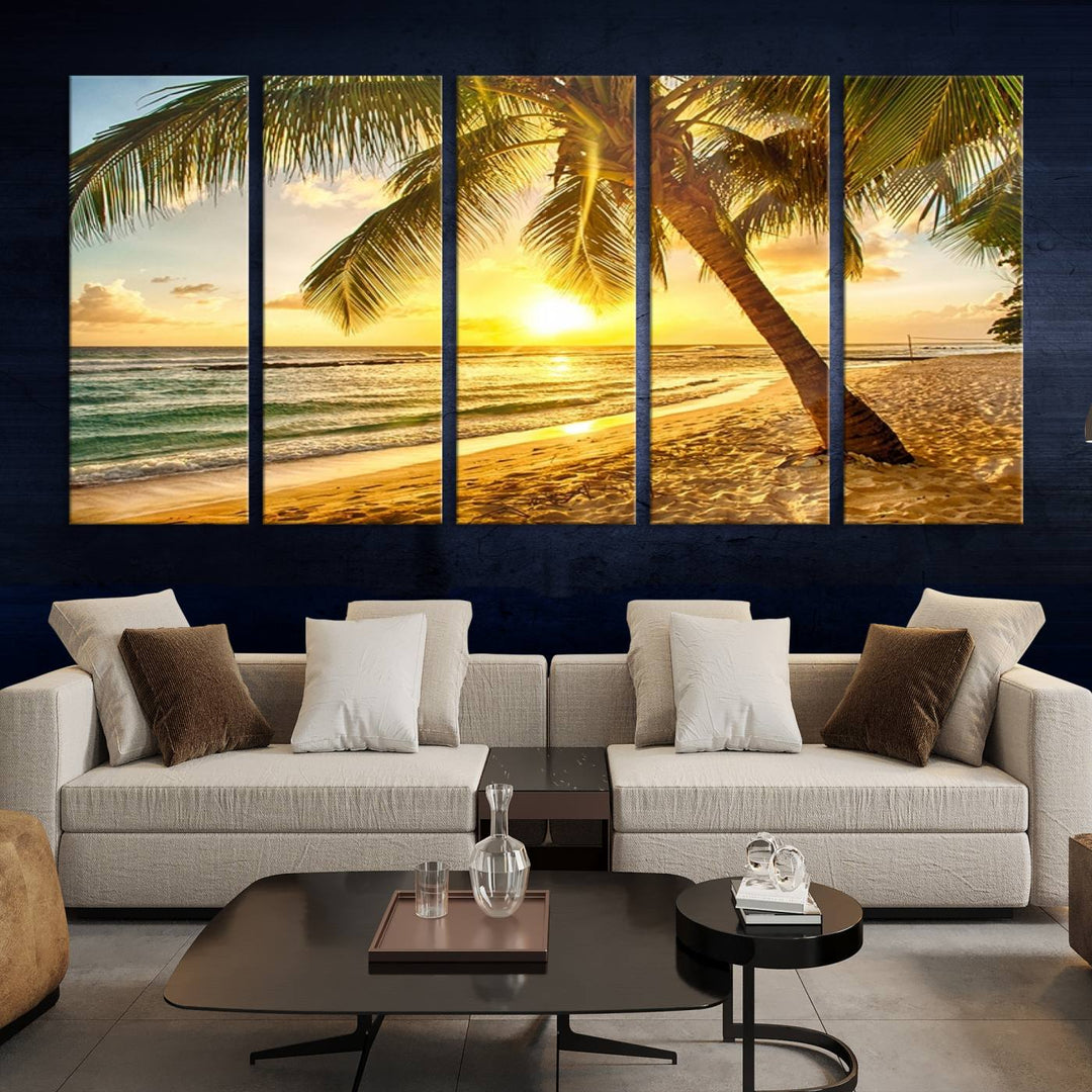 Wall Art Canvas Print Palm on Beach at Bright Sunset