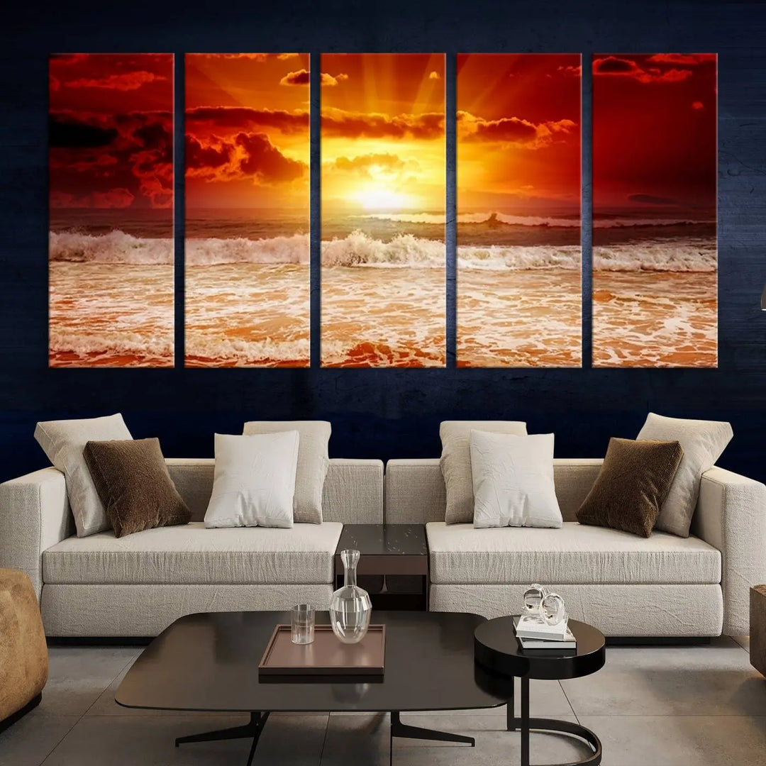 In a modern living room, the vibrant "Wall Art Canvas Perfect Sunset Turns Colour of Sea and Sky to Red," printed on museum-quality canvas, stands out. A floor lamp casts warm light over the ready-to-hang artwork, which includes a UV-protective coating to ensure lasting brilliance.