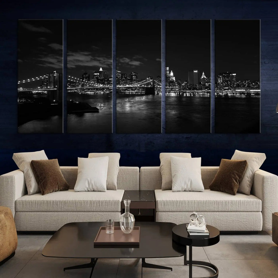 The "NEW YORK Canvas Prints Black and White Brooklyn Bridge Print" is a stunning triptych showcasing the iconic city skyline and bridge. Printed on museum-quality canvas with a UV-protective coating, it is ready to hang and instantly elevates your decor.