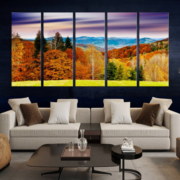 Autumn Colorful Forest Blue Mountains and Purple Sky at Sunset Wall Art Canvas Print