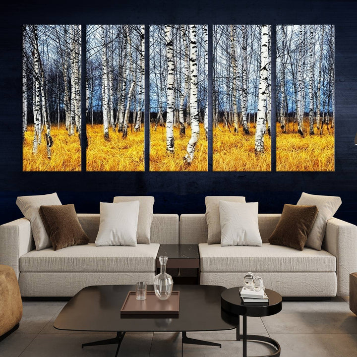 Impression d’art mural de bouleaux, art mural paysage, impression sur toile, arbres sans feuilles sur fond jaune