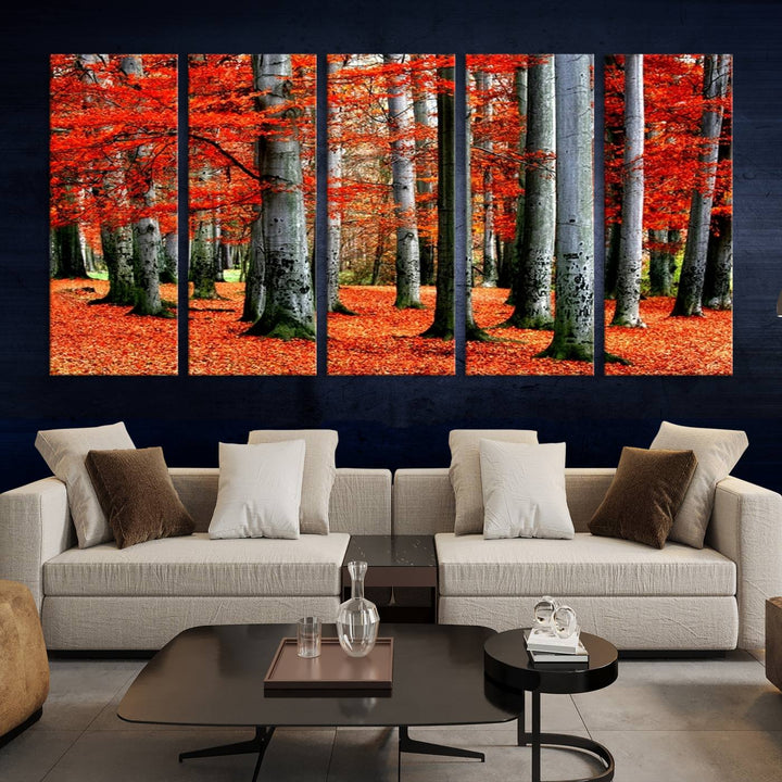 Impression sur toile de paysage d'art mural, feuilles rouges sur des arbres sur fond rouge