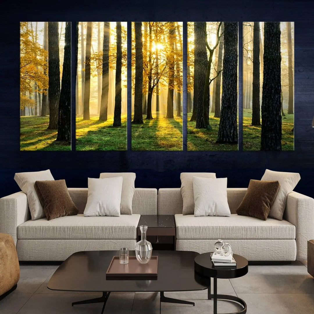 The living room is enhanced by the "Wall Art Landscape Canvas Print Tall Trees in Forest at Sunset" on museum-quality canvas. This triptych, complete with a UV-protective coating, is ready to hang and adds an artistic touch to the space.