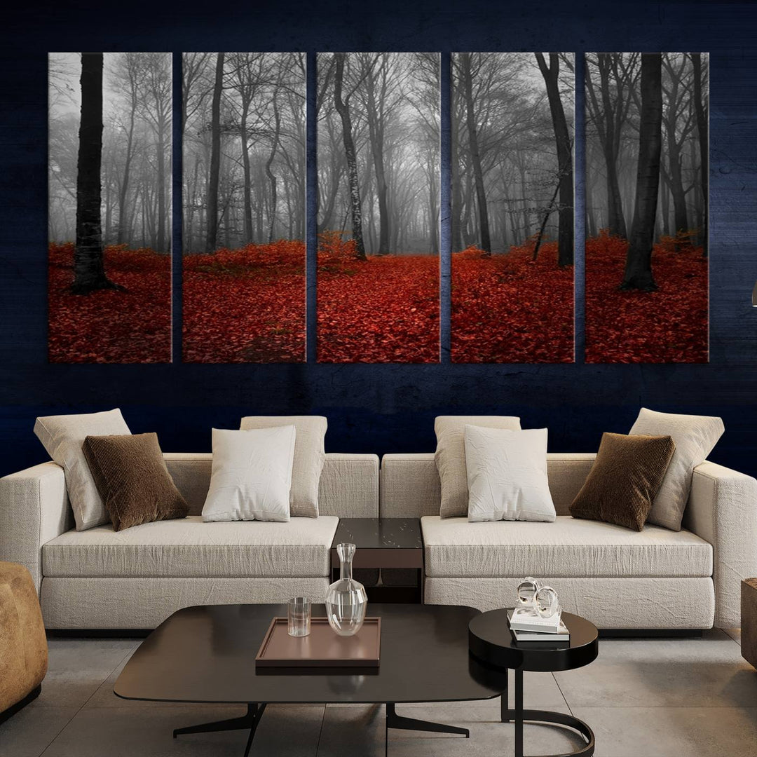 Impression sur toile de paysage d'art mural, forêt merveilleuse avec des feuilles rouges au sol