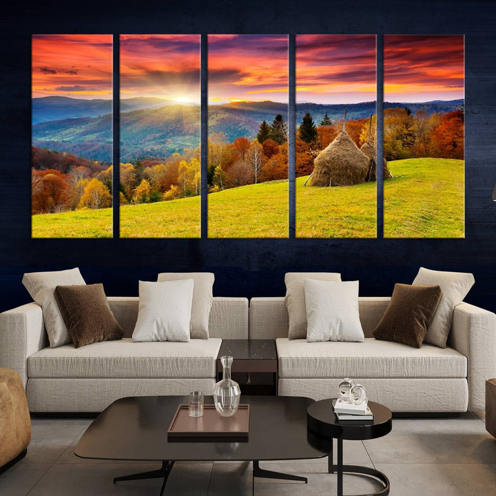 Impression sur toile de paysage d'art mural, tous les tons de vert au coucher du soleil