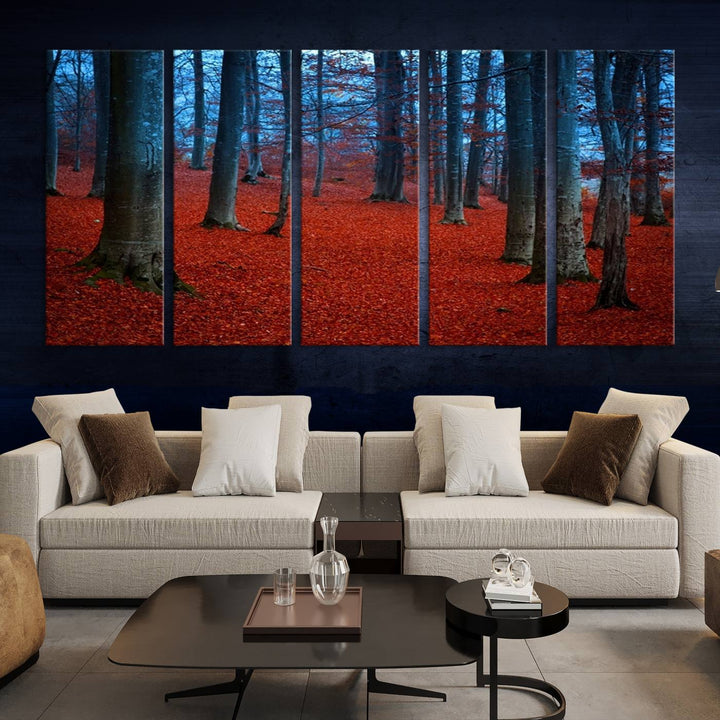 Impression sur toile de paysage d'art mural, feuilles rouges dans la forêt bleue