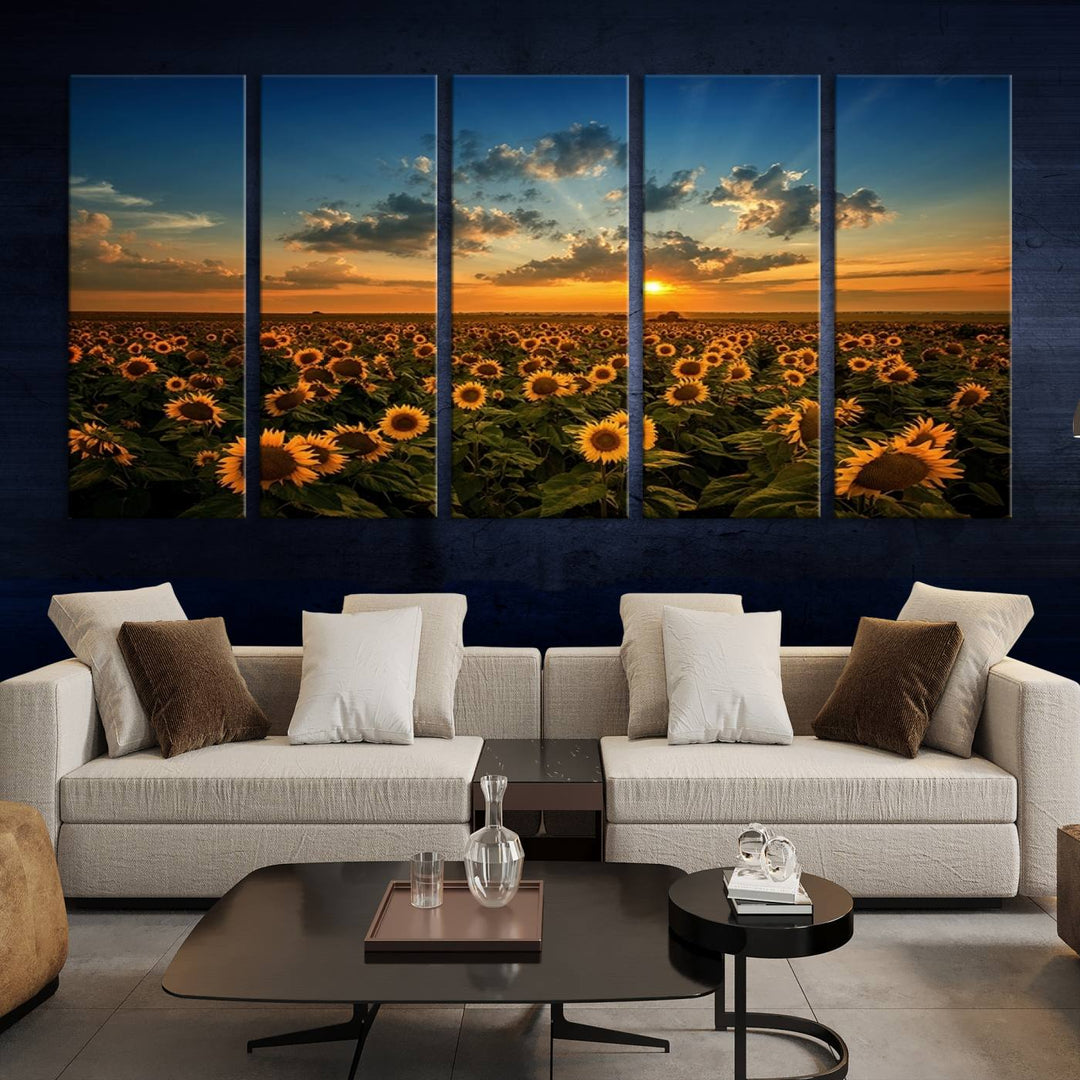 Toile d’art mural avec champ de tournesol et coucher de soleil