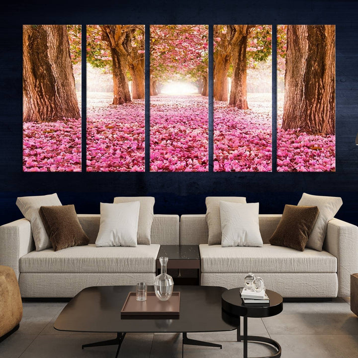 Blossom Cherry Canvas Print Walking on Pink Flowers Between Trees