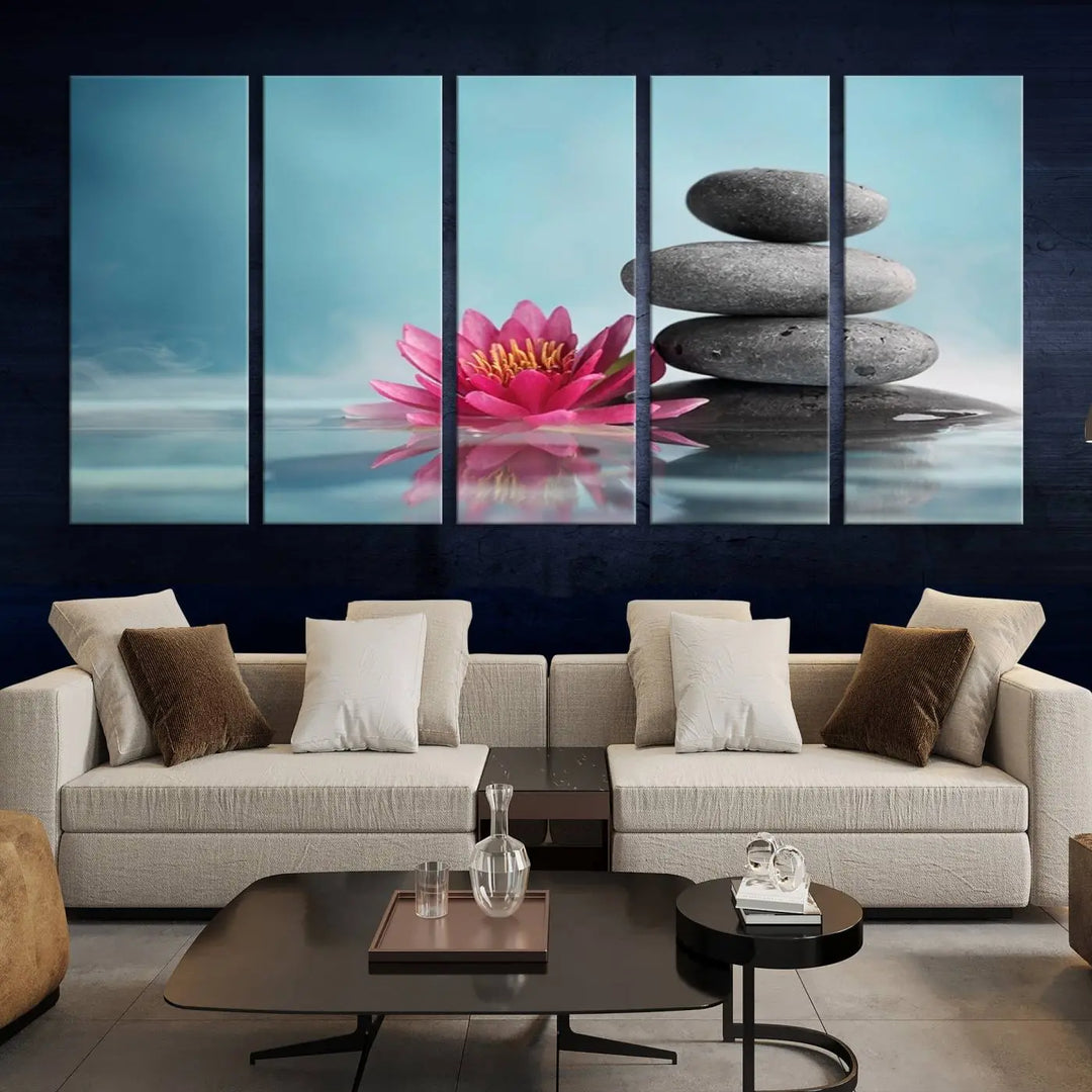 The Zen Serenity Triptych Canvas Art, featuring a lotus flower and balancing stones, perfectly captures tranquility with its serene water lily print.