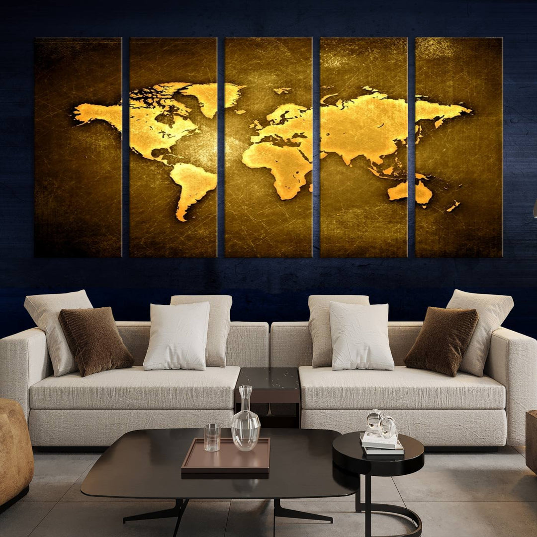 Yellow World Map on Metalic Yellow Background 