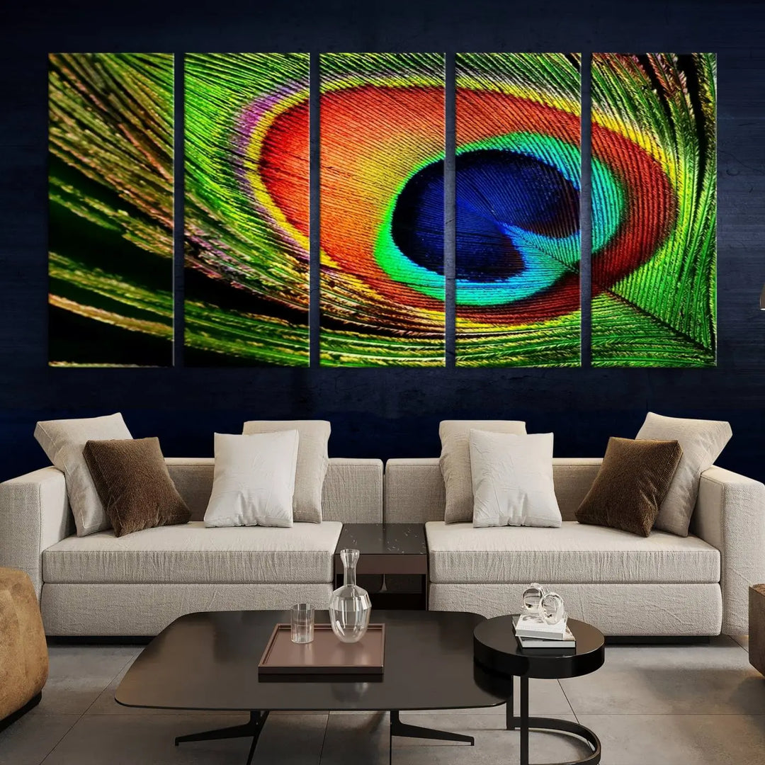 The living room features the "Colorful Peacock Feather Wall Art Print," showcasing a vibrant green, blue, and orange design elegantly displayed above a modern sofa.