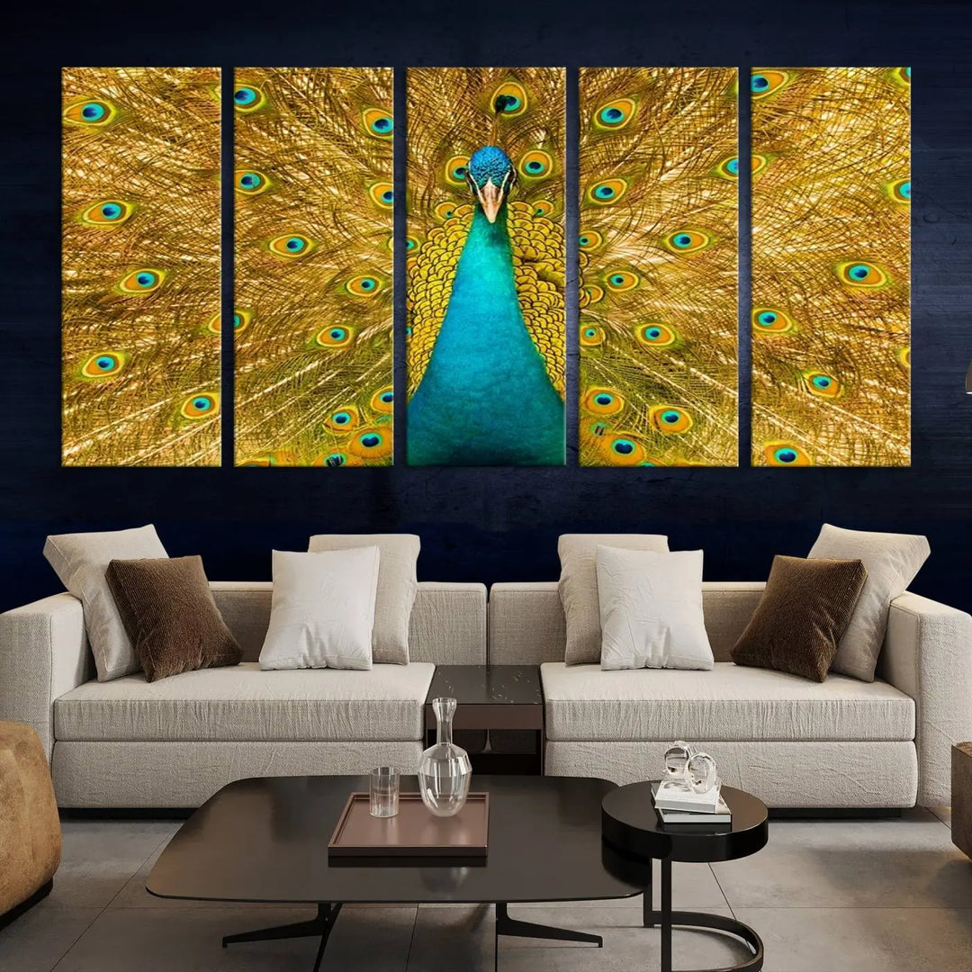 The Peacock Wall Art Canvas Print, featuring a vibrant triptych design of a peacock with intricate feather details and printed on museum-quality canvas with UV-protective coating, brings an artistic flair to the elegant space. Ready to hang, it enhances the modern living room with its striking presence.