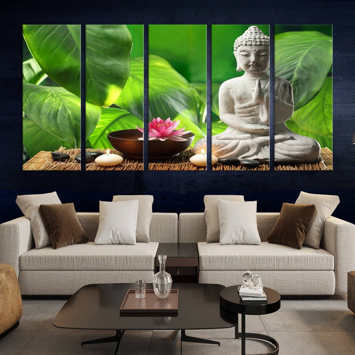 A tranquil room showcases a triptych of green leaves on museum-quality canvases, each piece readily available to hang.