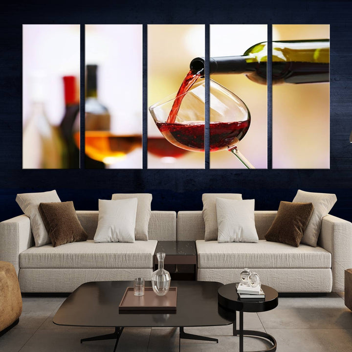 The Filling Red Wine into Glass Red Wine Canvas Print showcases a wine bottle pouring red wine into a glass. This scene, captured on museum-quality canvas, promises timeless elegance and comes with free shipping for effortless delivery to your doorstep.