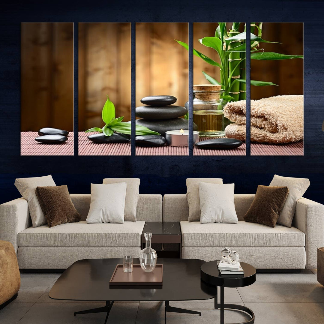 Zen Serenity Triptych Canvas Art, Pink Lotus Flower and Balancing Stones Wall Art, Tranquil Water Lily Canvas Print