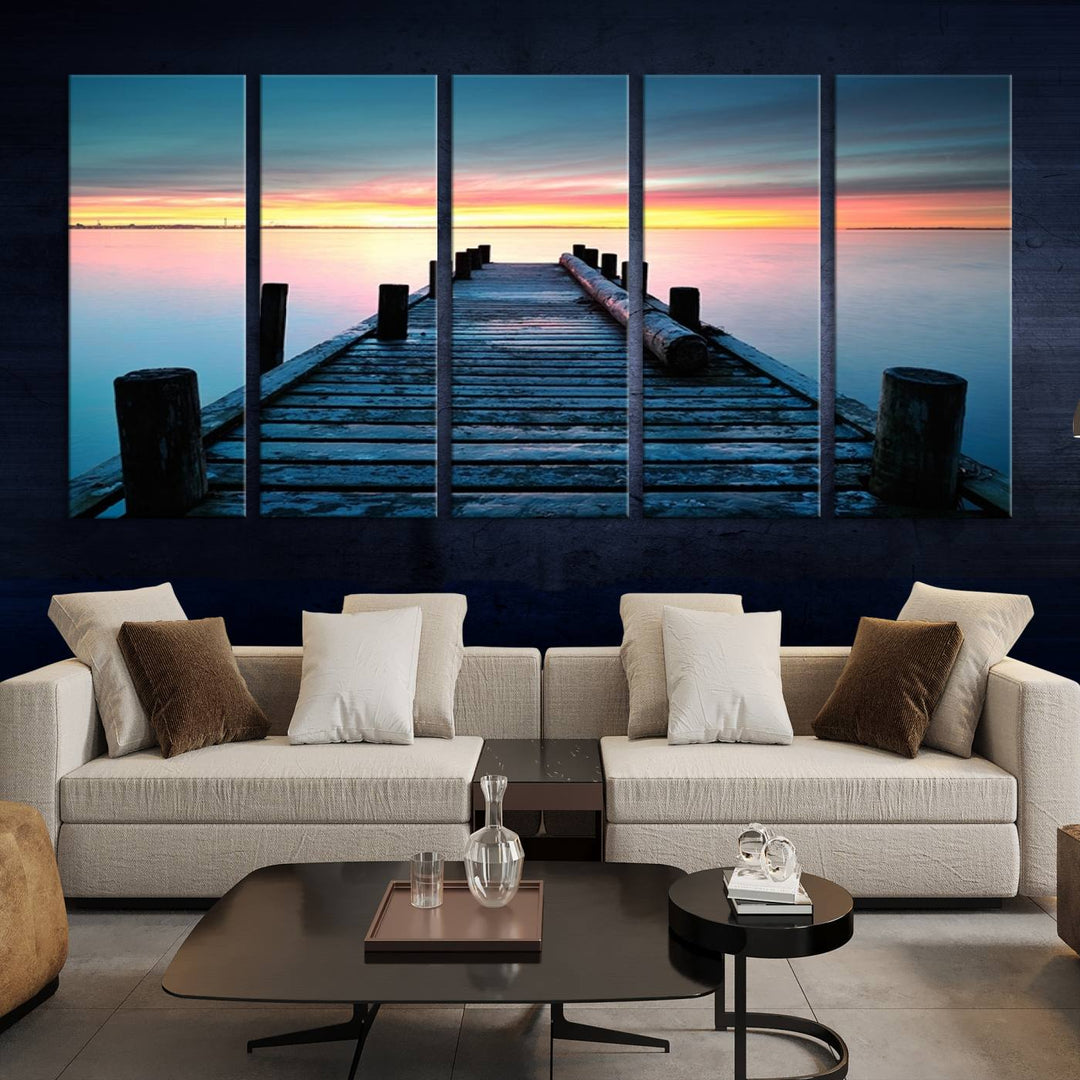 Wall Art Vintage Wooden Pier on Sea at Sunset Canvas Print