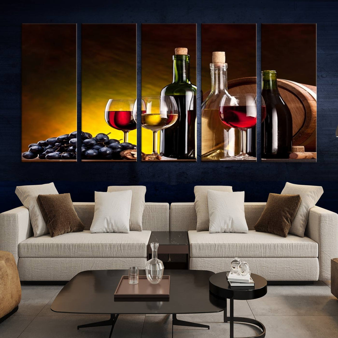 The "Red and White Wine Canvas Print" is a multi-panel design displaying bottles and glasses, adding a professional craftsman's touch to the living room.