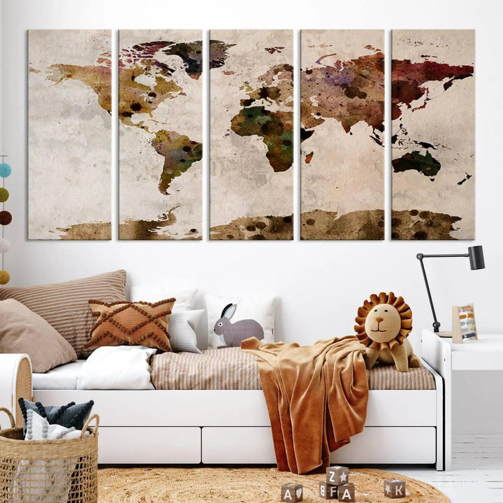 A Watercolor World Map Canvas Print, wrapped in an elegant gallery style, hangs on the wall.