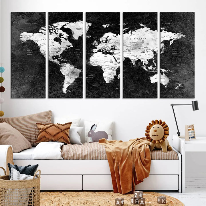 Modern Grayscale World Map 3-Panel Canvas Art | Ready to Hang, Framed | Stylish Minimalist Wall Décor for Home, Office, Living Room, or Study Spaces 