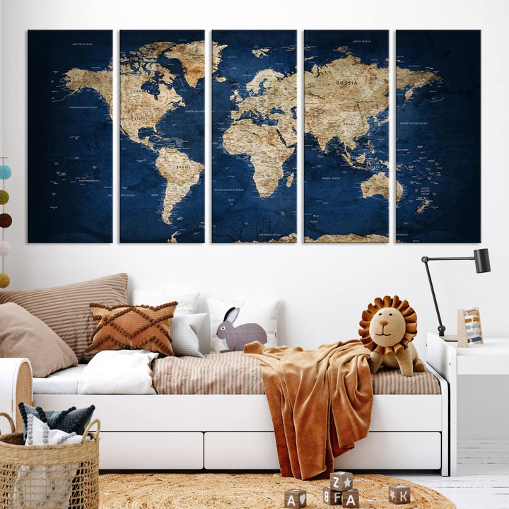 A triptych canvas print titled "Vintage Blue World Map Canvas Print - Classic World Map Design on Deep Blue Wall Art Print" adorns the wall, enhancing the decor with its antique style.