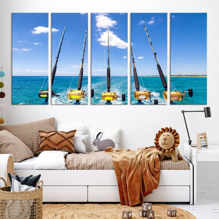 Fishing Roads on Boat Canvas Wall Art Print Ocean Seascape Art Print