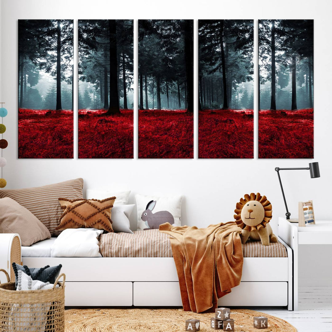 Bosque seductor con hojas rojas Impresión en lienzo Arte de pared grande Arte de lienzo de bosque Arte de paisaje de otoño Impresión de arte enmarcada