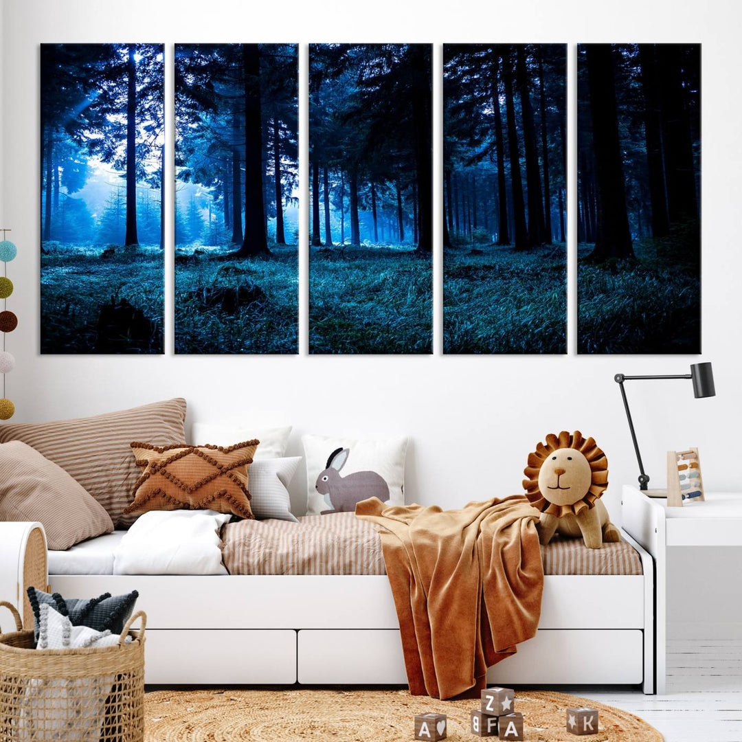 Arte de pared de bosque oscuro místico, lienzo de bosque grande, lienzo de paisaje, arte de pared de múltiples paneles, conjunto de lienzo grande de 3 piezas enmarcado