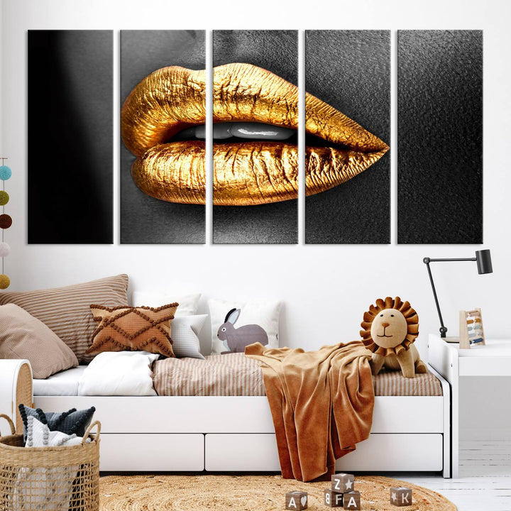 Gold Lips Canvas Wall Art Print Makeup Wall Art Fashion Beauty Canvas Print