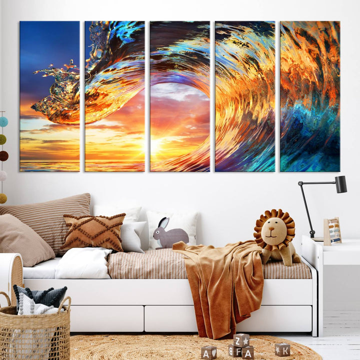 Wave Canvas Wall Art – Multi-Panel Sunset Ocean Scene – Bold and Vibrant Decor for Living Room or Office – Ready to Hang