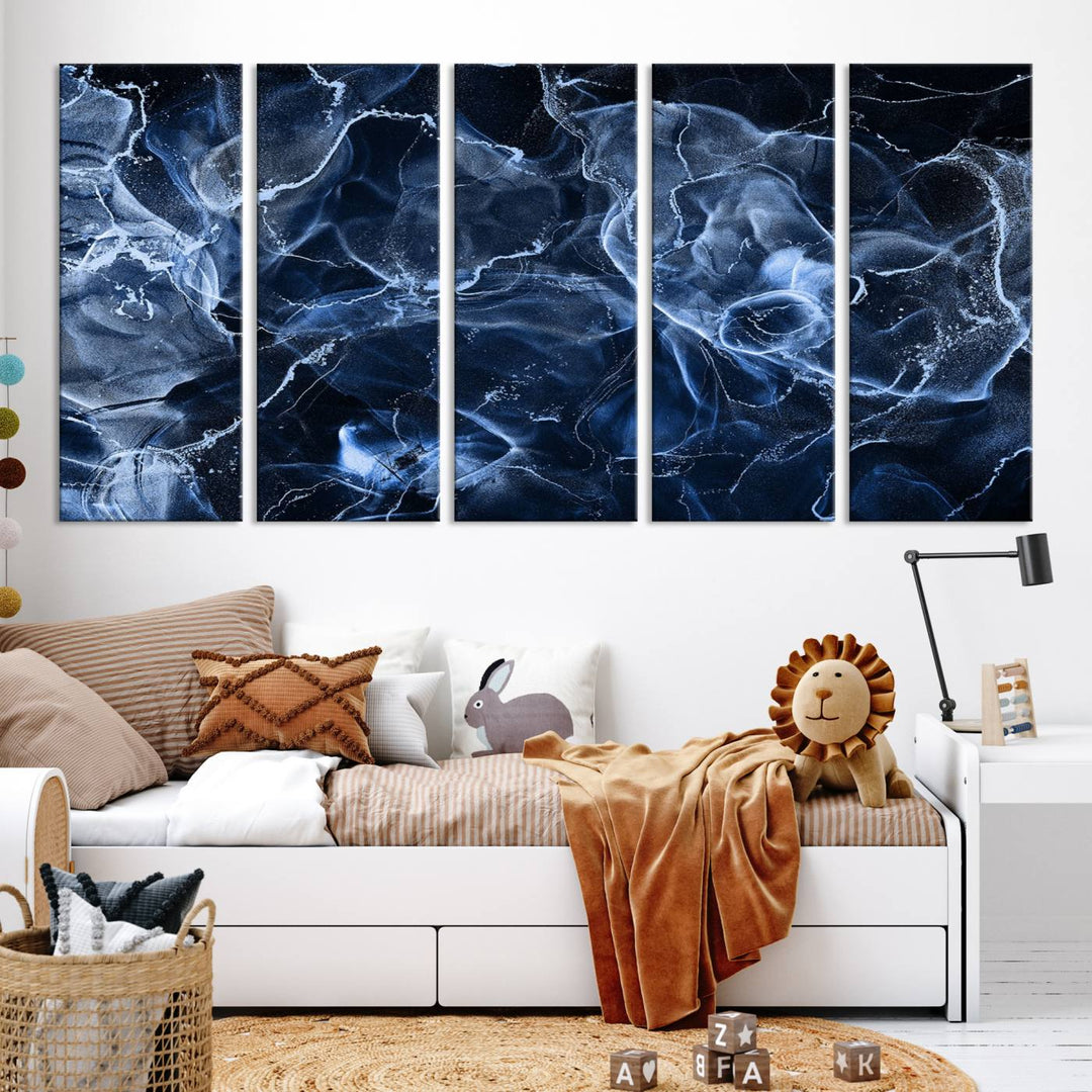 Arte de pared grande con efecto ahumado de mármol azul, lienzo abstracto moderno, impresión artística de pared