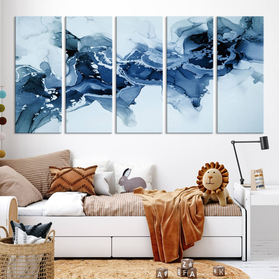 Arte de pared grande con efecto fluido de mármol azul hielo, lienzo abstracto moderno, impresión artística de pared